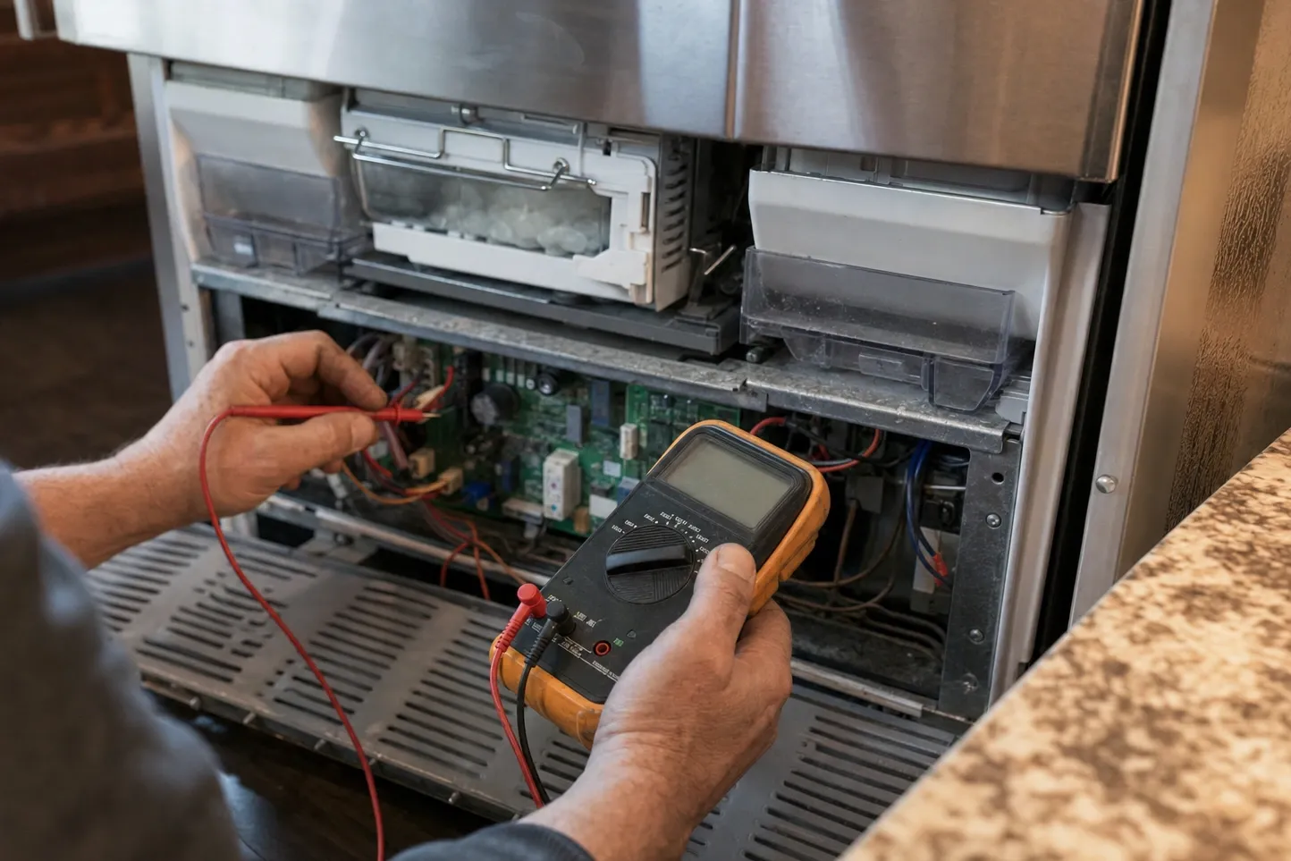 Ice maker with its bins pulled out and control board exposed, hands holding a multimeter under a stone counter