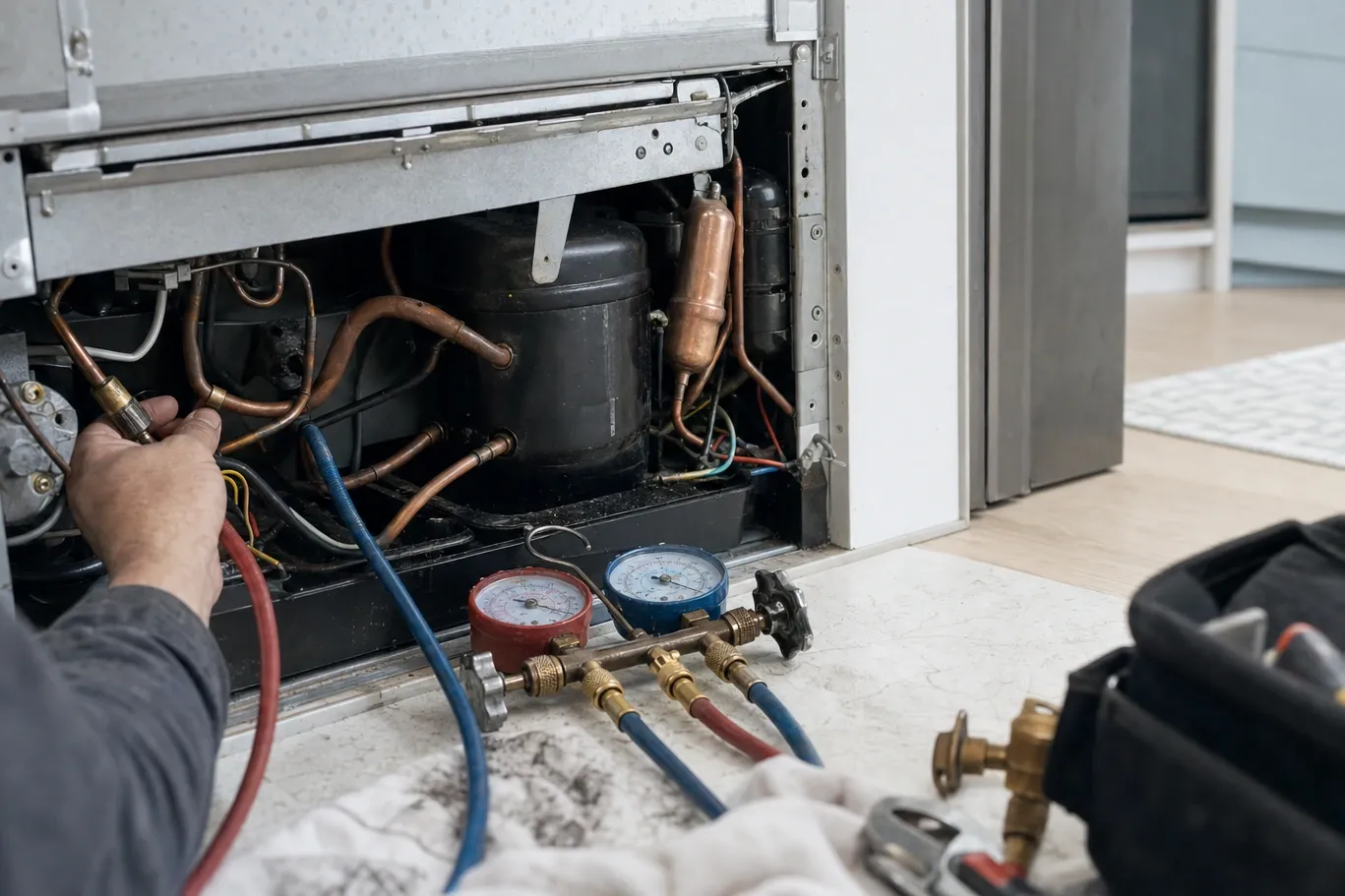 Manifold gauge set on the floor with hoses run into the compressor bay of a built-in unit